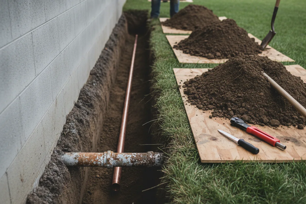 Excavated water line trench during Sewer Line Repair in Nipton